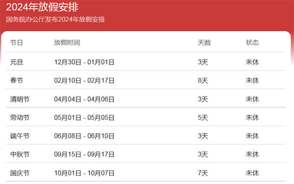 2024年放假日历表，2024年假期放假时间表